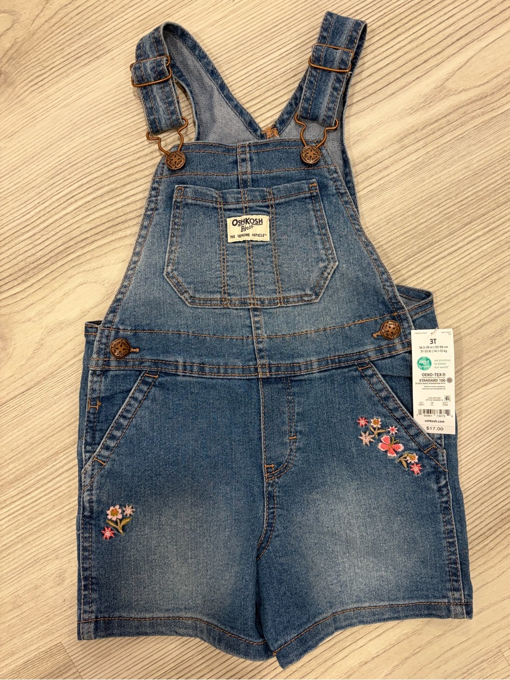 OshKosh B'gosh Denim Shortall Overalls with Floral Embroidery - Blue